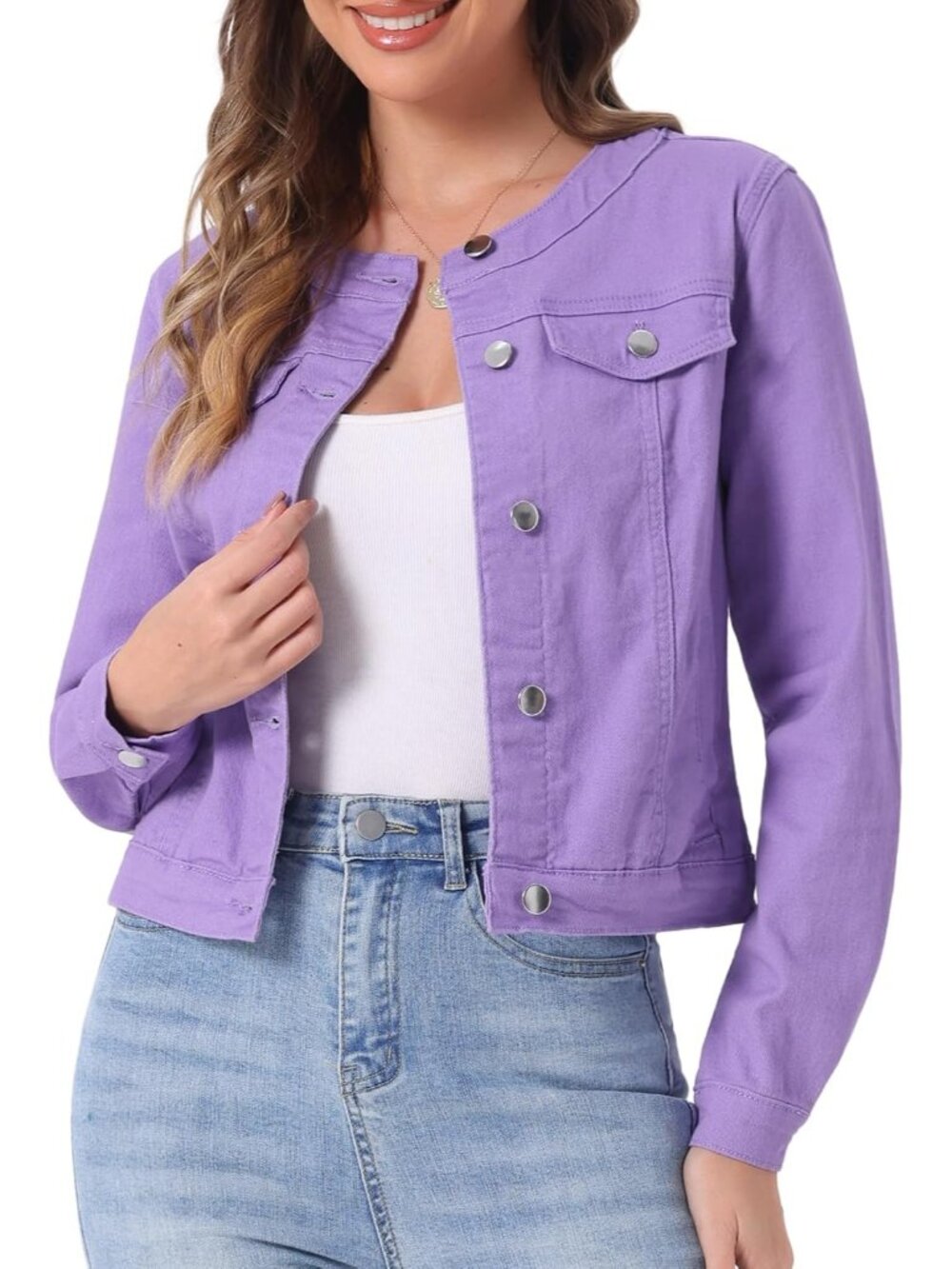 Women's Purple Denim Jacket Collarless Round Neck Jean Long Sleeve Jackets